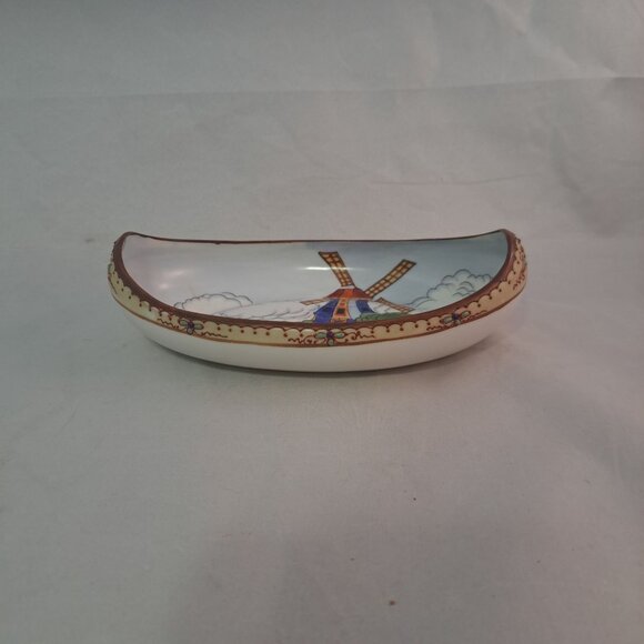 Nippon Hand Painted Porcelain Boat Shaped Dish Windmill Scene Accent - Picture 4 of 13